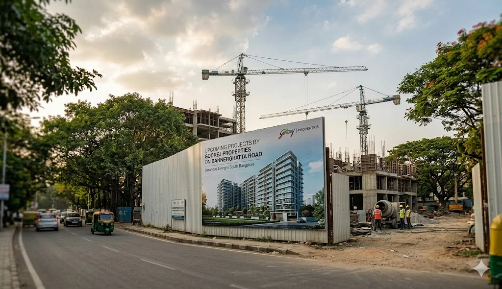 Master plan of Godrej Bannerghatta project on 33 acres featuring G+32 floor towers and a 6-acre dense forest zone near Greenwood High School.